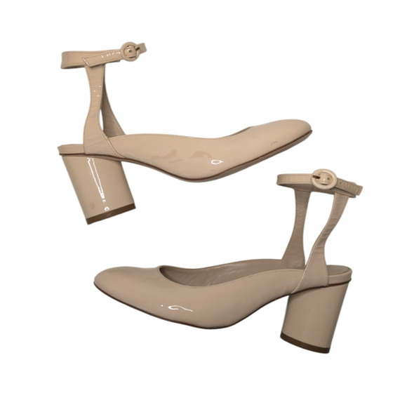 Stuart Weitzman Shape Cashew Gloss Patent Leather Halo Strap Heels Size 7 Block - Picture 1 of 15